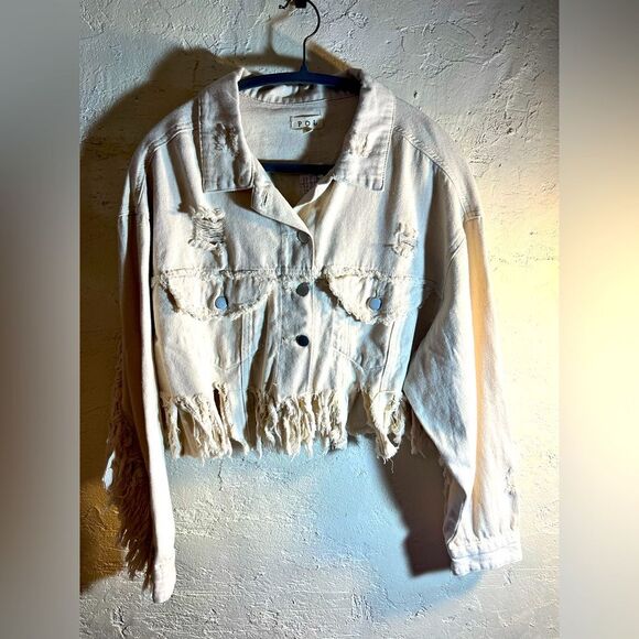 POL NWT fringe denim jacket, cream colored, distressed, small but oversized - Picture 1 of 12